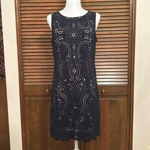 Jessica Howard Navy Laser Cut Nude Underlay Sheath Sleeveless Dress Size 6P
